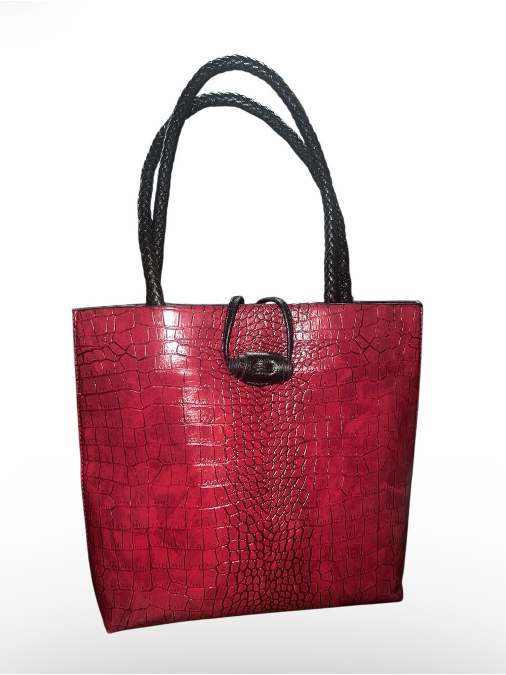 Red Croc-Embossed Tote with Braided Black Handles
